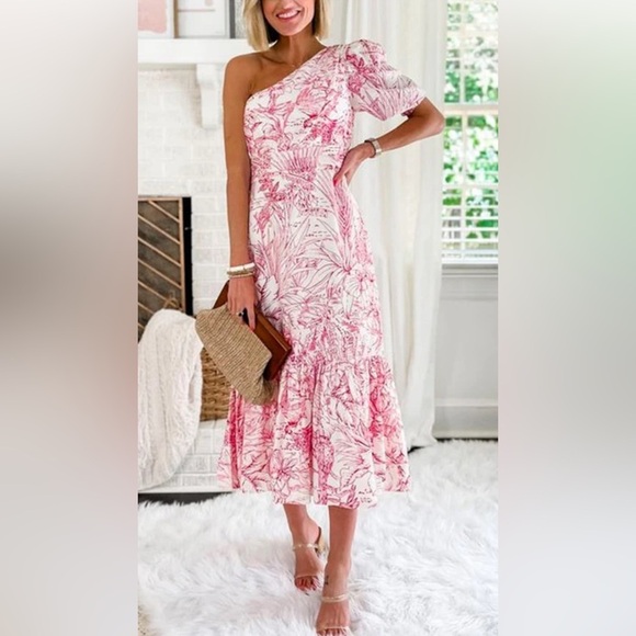 Express Pink Rayon Floral Dress Puff Sleeve Asymmetric One Shoulder Dress XS - Picture 1 of 9